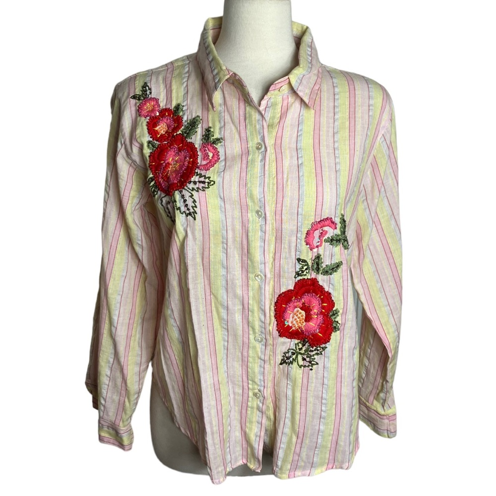 VINTAGE Y2K New Direction Embroidered Floral Striped Shirt Women’s Large